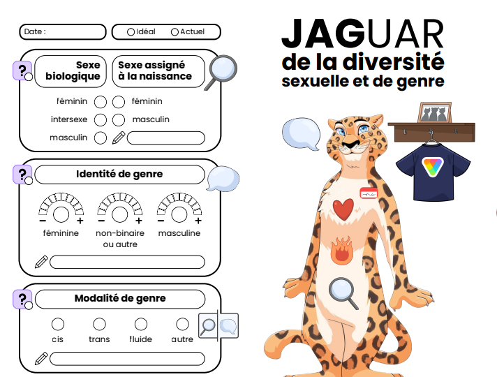 L’organisme le « JAG » propose son nouvel outil le « JAGUAR de la diversité sexuelle et de genre » afin d’explorer ton identité sexuelle selon différentes dimensions comme le genre, l’attirance et les relations. Cet outils imprimable te permettra d’entamer ou de poursuivre tes réflexions entourant ta connaissance et ton affirmation de soi.