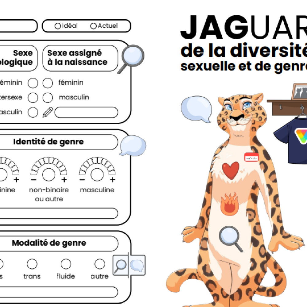 L’organisme le « JAG » propose son nouvel outil le « JAGUAR de la diversité sexuelle et de genre » afin d’explorer ton identité sexuelle selon différentes dimensions comme le genre, l’attirance et les relations. Cet outils imprimable te permettra d’entamer ou de poursuivre tes réflexions entourant ta connaissance et ton affirmation de soi.